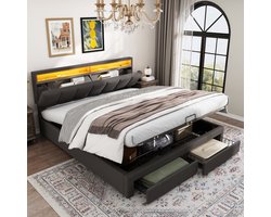 Gestoffeerd bed 160×200cm in grijs – linnen stof, LED-verlichting op het hoofd- en voeteinde, 2 lades aan het voeteneinde voor extra opbergruimte