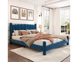 Gestoffeerd bed 160*200cm met lattenbodem en hoofdbord, stijlvol waaiervormig hoofdbord, cilindrische steunpoten, fluweel, blauw
