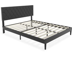Gestoffeerd Bed 160x200 – Bedframe met Hoofdbord in Kunstleer – Modern Tweepersoons Design – Zwart