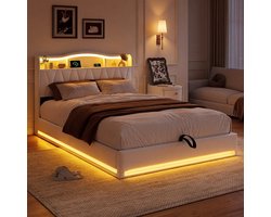 Gestoffeerd Bed 160x200 cm Beige Fluweel – Tweepersoonsbed met Opbergruimte, USB-poorten en LED-verlichting – Bedframe met Lattenbodem – Zonder Matras