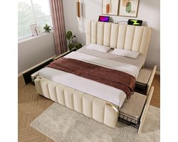 Gestoffeerd bed 160x200 cm - hoofdeinde met gouden sierstrips - USB Type-C oplaadfunctie - met 4 lades - beige - zonder matras