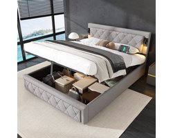 Gestoffeerd bed 160x200 cm met downlight en USB-poort met opbergruimte - tweepersoonsbed - grijs - zonder matras