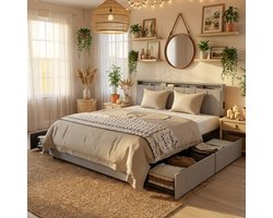 Gestoffeerd Bed 160x200 cm met Lades – Tweepersoonsbedden - Gestoffeerd Bed - Linnen Bedframe met Opbergruimte – Hoofdbord met Vakken – Lichtgrijs