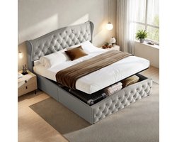 Gestoffeerd Bed 160x200 cm met Lattenbodem,Tweepersoonsbed met Hydraulische Hendel,Opbergbed, gestoffeerd bedframe,fluweel,grijs,Zonder Matras