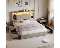 Gestoffeerd Bed 160x200 cm met LED en USB-C – Tweepersoonsbed met Hoofdbord Opbergruimte en 4 Opberglades, Beige Linnen, Geschikt voor Volwassenen en Jongeren (Zonder Matras)