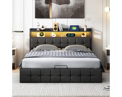Gestoffeerd bed 160x200 cm met LED en USB - Hydraulisch tweepersoonsbed met lattenbodem en hoofdeinde opbergruimte, Opbergbed (zonder matras) PU Zwart