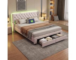 Gestoffeerd bed 160x200 cm met LED en USB, Tweepersoonsbed met opbergruimte en lattenbodem, Opbergbed met 2 laden, Fluweel Beige, Zonder Matras