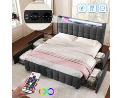 Gestoffeerd bed 160x200 cm met LED-hoofdbord en USB-aansluiting, jeugdbed met lattenbodem en 4 opbergladen, opbergbed, bedombouw, zonder matras, linnen grijs