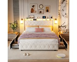 Gestoffeerd Bed 160x200 cm met LED & USB-C – Tweepersoonsbed met 4 Opberglades, Beige Fluweel, Geschikt voor Volwassenen en Adolescenten (Zonder Matras)