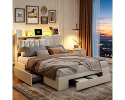 Gestoffeerd bed 160x200 cm met LED-verlichting en Stopcontacten, Jeugdbed met 3 Lades, Lattenbodem en Opberghoofdeinde, Tweepersoonsbed Volwassen Bedframe, Beige Fluweel