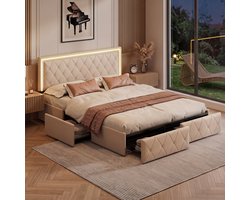 Gestoffeerd Bed 160x200 cm met LED-verlichting, Tweepersoonsbed met opbergruimte en lattenbodem, Opbergbed, Jongerenbed, bedframe met 4 laden, PU beige, zonder matras