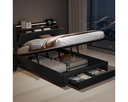 Gestoffeerd bed 160x200 cm met LED-verlichting, USB-aansluiting en opbergruimte – Tweepersoonsbed met lades en hydraulische opbergbox – Lattenbodem inbegrepen – Linnen Grijs – Zonder matras