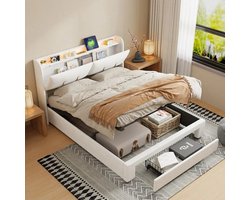 Gestoffeerd bed 160x200 cm met LED-verlichting, USB-oplaadpoorten en opbergruimte – Fluwelen tweepersoonsbed met Lattenbodem opbergruimte en hydraulisch liftsysteem – Beige – Zonder matras