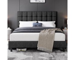 Gestoffeerd Bed 160x200 cm met Verstelbaar Hoofdeinde – Tweepersoons Bedframe met Lattenbodem, Modern Donkergrijs Stoffen Bed, Stevig Metaal & Hout