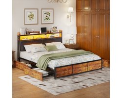 Gestoffeerd bed, 160x200 cm - tweepersoonsbed - met 4 lades - metalen bedframe - LED-verlichting, zwart PU-hoofdeinde, volwassen bed/slaapkamerbed, vintage bruin (verzonden in 2 pakketten)