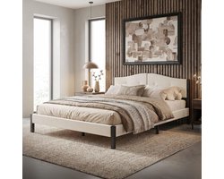 Gestoffeerd Bed 160x200 cm Tweepersoonsbed met Stabiel Bedframe, Bedombouw met Gewatteerde Hoofdbord en Lattenbodem Modern met Stalen Frame en Linnen 2 persoons bed met lattenbodem Beige