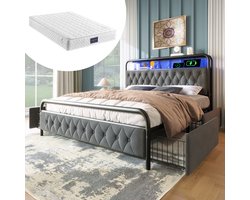 Gestoffeerd Bed 160x200 cm - Tweepersoonsbed Met USB-C En App-Gestuurde LED En 4 Lades - Metalen Frame - Fluweel - Met Matras