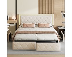 Gestoffeerd Bed 160x200 met Lades & LED – PU Leer Beige – Tweepersoonsbed met Opbergruimte – Boxspring Stijl – Bedframe met Hoofdbord