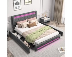 Gestoffeerd bed 160x200cm LED tweepersoonsbed met opbergruimte en lattenbodem, USB-oplaadpoort, hydraulisch bed, jeugdbed, grijze linnen stof, zonder matras (splitsen voor 2 pakketten voor verzending)