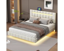 Gestoffeerd bed 160x200cm met LED-verlichting, 2 USB-oplaadpoorten, tweepersoonsbed met hoog verstelbaar hoofdeinde, jeugdbed, verborgen bedvoet, beige linnen stof, zonder matras (beige, led, 160x200 cm)