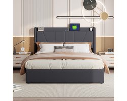 Gestoffeerd bed 160x200cm Modern tweepersoonsbed met 2 USB-oplaadpoorten, 1 Type-C-poort, slaapkamerbed met opbergruimte en lattenbodem 12-delig, jeugdbed, functioneel bed, Grijs, zonder matras - gesplitst voor 2 Pakketten voor verzending