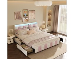 Gestoffeerd bed 160x200cm - wit-roze fluweel, 4 grote lades, LED-verlichting & USB-poort - ideaal voor kinder- en tienerkamers