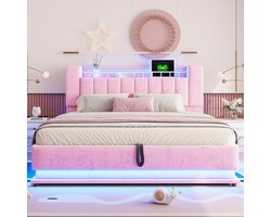 Gestoffeerd bed 180 x 200 cm - met LED-verlichting - USB-poort en opbergruimte - metalen frame - roze - zonder matras