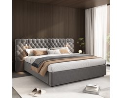 Gestoffeerd bed 180 x 200 cm - met opbergruimte en LED-verlichting - groot hoofdeinde - fluweel - zonder matras - grijs