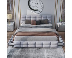 Gestoffeerd bed 180 x 200 cm - tweepersoonsbed met 4 lades met in hoogte verstelbaar hoofdeinde - tweepersoonsbed - grijs - zonder matras