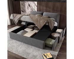 Gestoffeerd bed, 180*200, hydraulisch bed, drie laden, bedkast voor opbergruimte, lattenbodem met hoofdeinde, zonder matras, fluweel, grijs