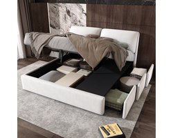 Gestoffeerd bed, 180*200, hydraulisch bed, drie laden, bedlade voor opbergruimte, lattenbodem met hoofdeinde, zonder matras, fluweel, beige
