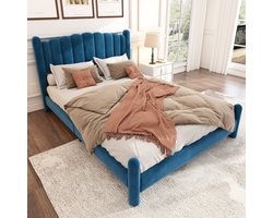 Gestoffeerd bed 180*200cm met lattenbodem en hoofdbord, stijlvol waaiervormig hoofdbord, cilindrische steunpoten, fluweel, blauw