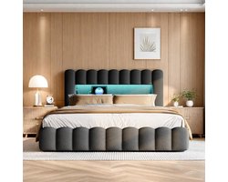 Gestoffeerd bed 180x200, Bubbelbed met hydraulische opbergruimte, USB-oplaadfunctie en LED-verlichting, tweepersoonsbed, de onderkant van het bedframe is afgedicht, kinderbed, grijs linnen, zonder matras