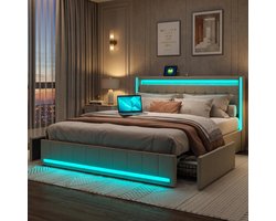 Gestoffeerd Bed 180x200 cm Beige Linnen – Tweepersoonsbed met Opbergruimte, USB-poorten en LED-verlichting – Opbergbed Bedframe met Lattenbodem – Zonder Matras