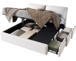Gestoffeerd bed 180x200 cm - drie lades - met opbergruimte - lattenbodem met hoofdeinde - zonder matras - beige