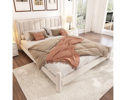 Gestoffeerd bed 180x200 cm - Golvend waaiervormig hoofdeinde - Beige - Cilindrische steunpoten - Zachte fluwelen bekleding - Inclusief houten lattenbodem