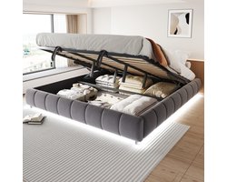 Gestoffeerd Bed - 180x200 cm - Hydraulisch Opbergbed + LED Lichtbalk - Enkel / Jongerenbed - Linnen - Grijs