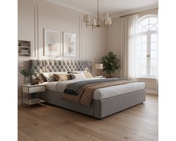 Gestoffeerd bed - 180x200 cm - Hydraulisch Opbergbed met LED - Breed Hoofdbord met Lamp - Fluweel - Grijs
