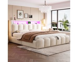 Gestoffeerd Bed 180x200 cm - Hydraulisch Opbergbed Met LED En USB-C - Tweepersoonsbed Van Fluweel Met Hoofdbord En Opbergruimte - Beige