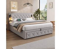 Gestoffeerd bed 180x200 cm met downlight en USB-poort met opbergruimte - tweepersoonsbed - grijs - zonder matras