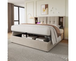 Gestoffeerd bed 180x200 cm met draadloos opladen USB-C - met opbergruimte - houten lattenbodem - natuurtint - zonder matras