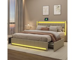 Gestoffeerd bed 180x200 cm met LED en USB, tweepersoonsbed met 4 laden, bedden met opbergruimte en lattenbodem, bedframe met rugleuning voor jongerenbed, zonder matras, linnen beige