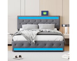 Gestoffeerd bed 180x200 cm met LED en USB, tweepersoonsbed met 4 laden, boxspring bed met opbergruimte en lattenbodem, jeugdbed rugleuning bedframe, zonder matras, linnen grijs