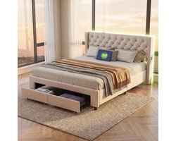 Gestoffeerd bed 180x200 cm met LED en USB, Tweepersoonsbed met opbergruimte en lattenbodem, Opbergbed met 2 laden, Fluweel Beige, Zonder Matras