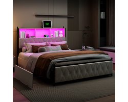 Gestoffeerd bed 180x200 cm met LED en USB, tweepersoonsbed met opbergruimte en lattenbodem,4 laden,bedframe met rugleuning voor jongerenbed, zonder matras,fluweel,beige