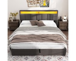 Gestoffeerd Bed 180x200 cm met LED-Hoofdbord en Opbergruimte, Tweepersoonsbed met Lattenbodem en 2 Onderlades, Opbergbed Bedombouw Grijs Linnen (Zonder Matras)