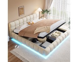 gestoffeerd bed 180x200 cm met opbergruimte en LED Verlichting, tweepersoonsbed met beige Fluweel, Lattenbodem en 300 kg Draagvermogen