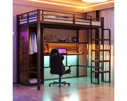 Gestoffeerd bed 180x200 cm - met stopcontact en opbergruimte - LED-verlichting - verbrede bedpoten - donkergrijs - zonder matras