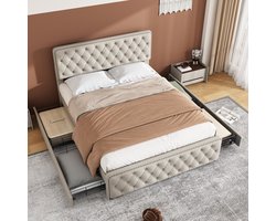 Gestoffeerd Bed 180x200 cm - Opbergbed met Opbergruimte - Tweepersoonsbed met 4 Lades - Verstelbaar hoofdeinde - Beige - Zonder matras