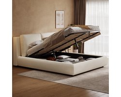 Gestoffeerd Bed 180x200 cm - Teddy Bed Met Hydraulische Opbergruimte En Hoofdbord Beige